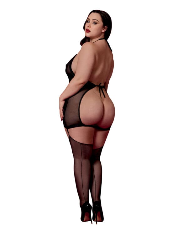 Stretch Mesh and Faux Leather Gartered Chemise w/Removable Flogger - Black QN - Image 2