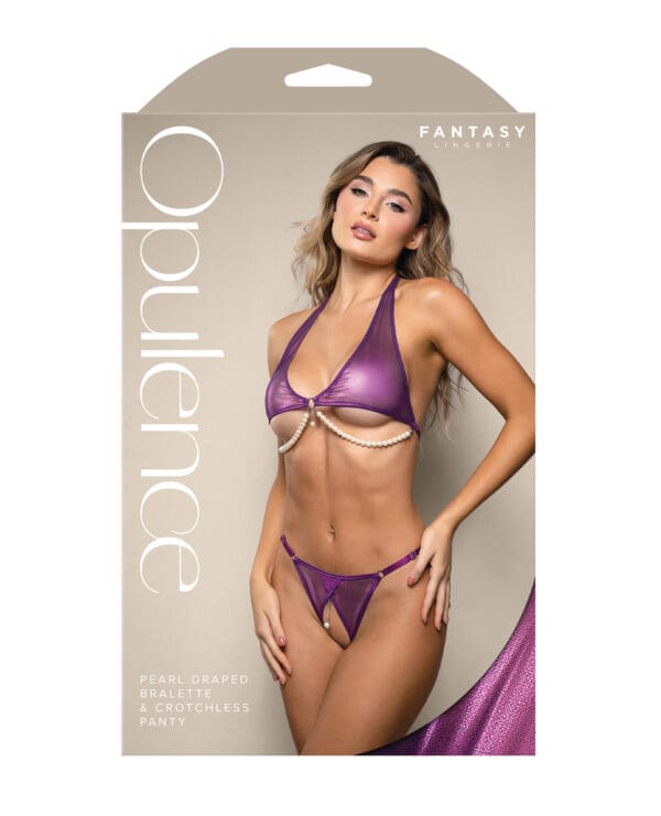 Opulence Shimmer Mesh Halter Top & Panty w/Pearl Details - Purple S/M - Image 3