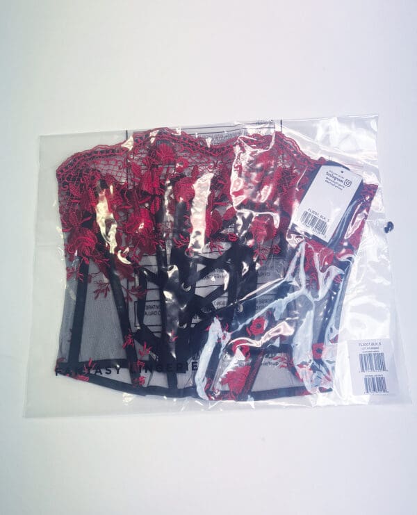 Floral Embroidered Mesh Corset w/G-String - Red/Black Medium - Image 3