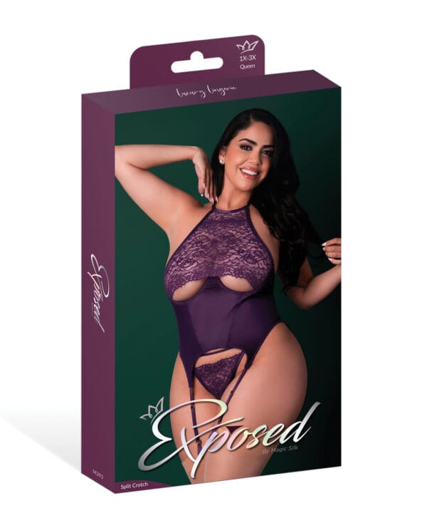 Leather & Lace Stretch Mesh and Lace Underboob Cutout Corset & Panty 2 pc Set - Plum 2X - Image 4