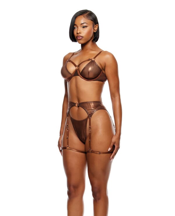 Liquid Metal Metallic Mesh Underwire Bra w/Garter Belt & G-String 3 pc Set - Metallic Copper SM - Image 2