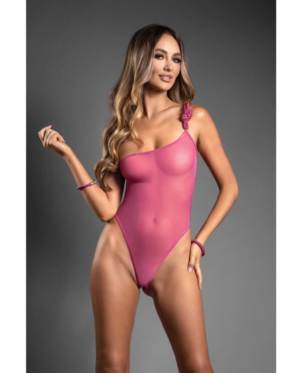 Domina One-Shoulder Sheer Mesh Teddy w/Rope Cuffs - Pink L/XL - Image 2