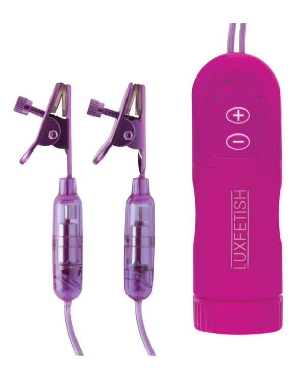 Lux Fetish Vibrating Nipple Clamps w/Wired Remote Control - Pink/Purple - Image 2