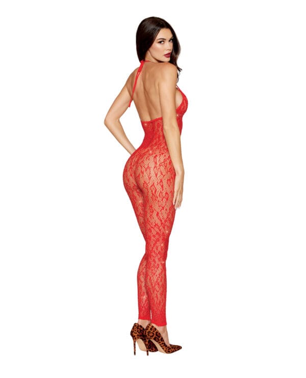 Leopard Pattern Seamless Bodystocking w/Gold Details - Red O/S - Image 2