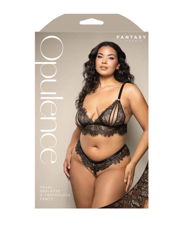 Opulence Metallic Eyelash Lace Bralette w/Pearl String Crotch Panty  - Black QN - Image 3