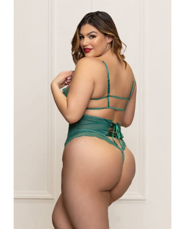 Lace and Mesh Open Crotch Teddy w/Gold Straps - Green 1X/2X - Image 2
