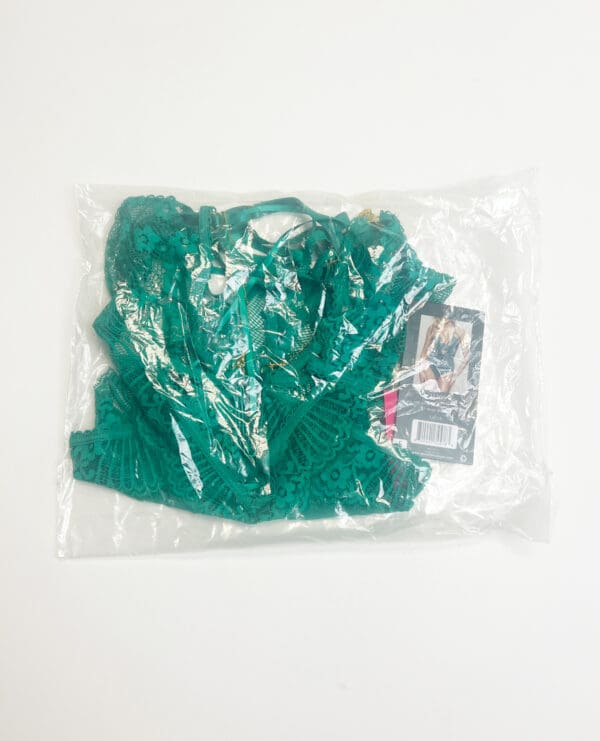 Lace and Mesh Open Crotch Teddy w/Gold Straps - Green 1X/2X - Image 3