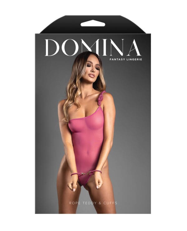 Domina One-Shoulder Sheer Mesh Teddy w/Rope Cuffs - Pink S/M - Image 4