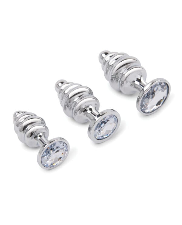 Gemsations 3 pc 2.95" & 3.25" & 3.7" Ripple Bling Bling Metal Butt Plug Training Set - Silver - Image 2