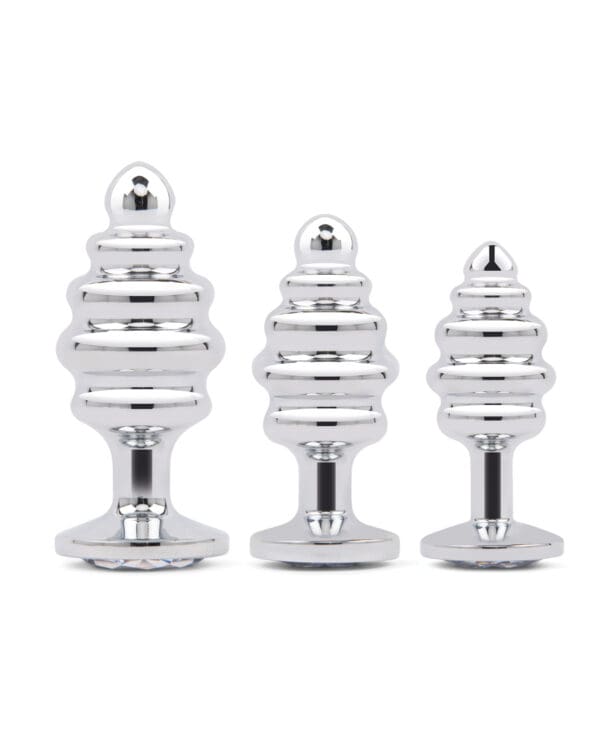 Gemsations 3 pc 2.95" & 3.25" & 3.7" Ripple Bling Bling Metal Butt Plug Training Set - Silver - Image 3