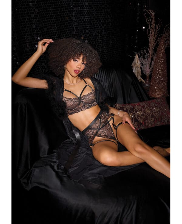 Lace Underwire Bralette w/Thong & Garter - Black/Rose Gold LG - Image 4