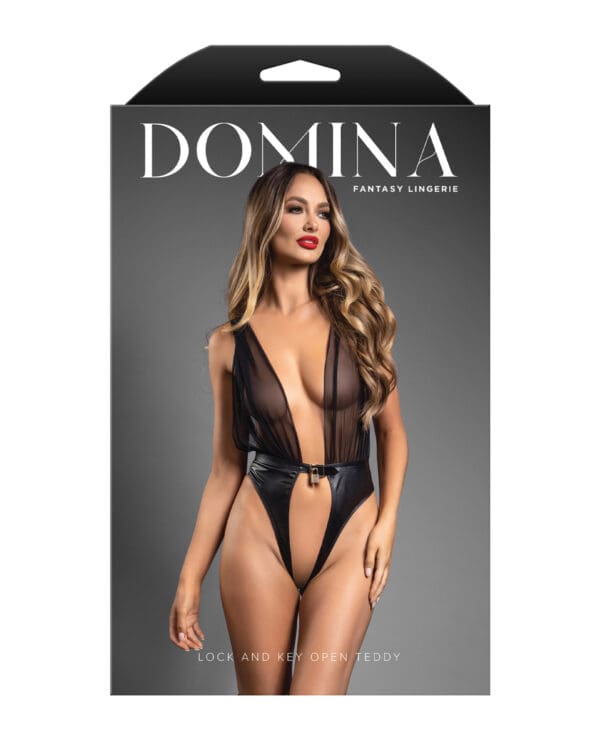 Domina Plunge Front Sheer Mesh & Vegan Leather Teddy w/Lock & Key - Black L/XL - Image 4
