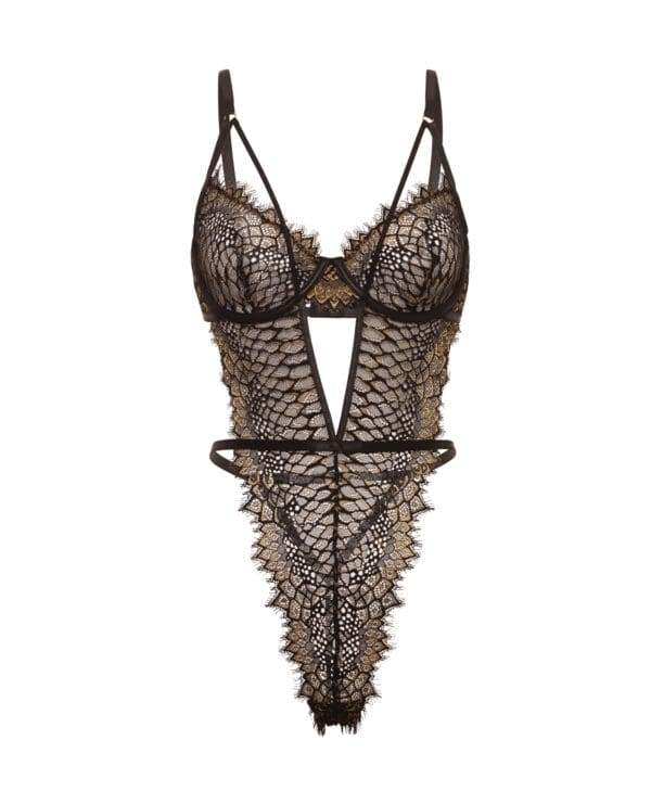 Greta Snake Eyelash Lace Teddy - Black/Gold MD - Image 5