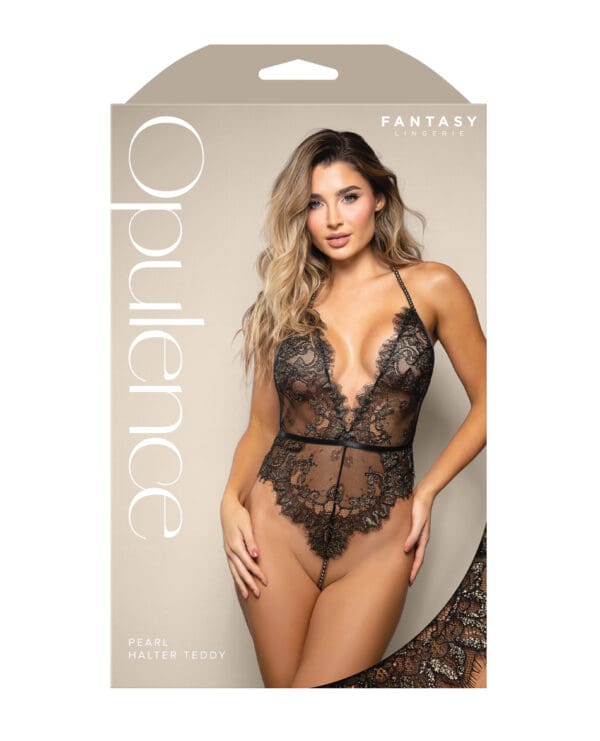 Opulence Metallic Eyelash Lace Teddy w/Pearl String Crotch - Black L/XL - Image 3