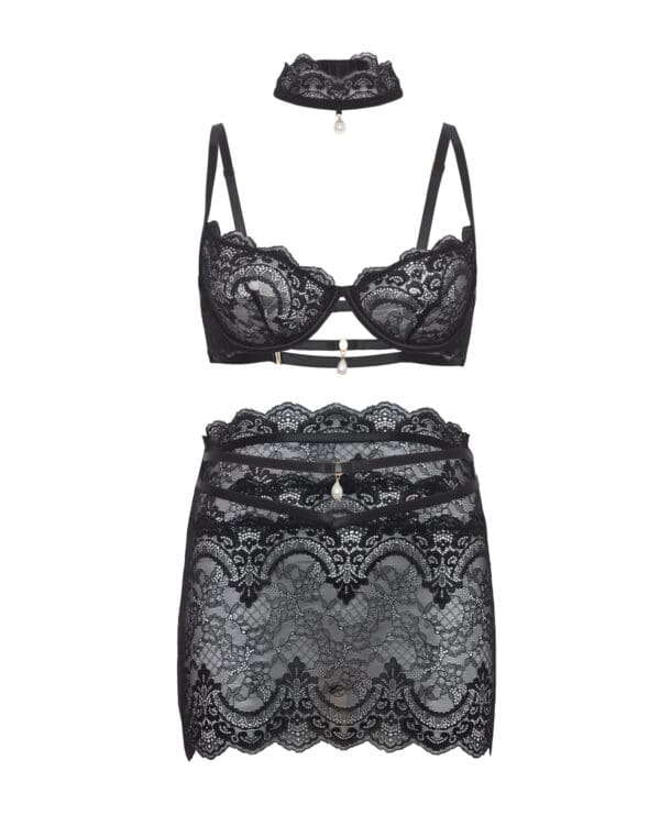 Perla Lace 3 pc Set w/Pearl Details - Black L/XL - Image 4
