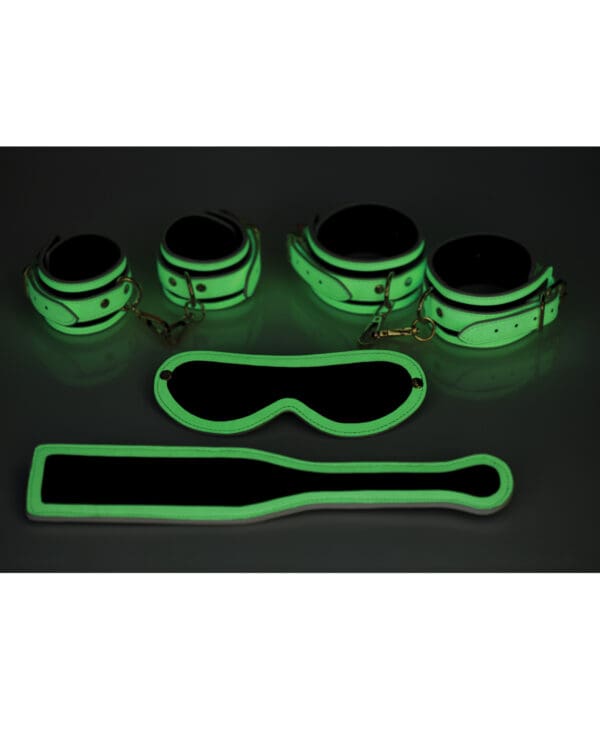 Master Series Kink in the Dark Glowing Cuffs & Blindfold & Paddle Set - Image 3