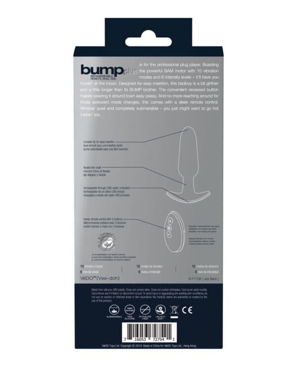 VeDO Bump Plus Rechargeable Remote Control Anal Vibe - Just Black - Image 2