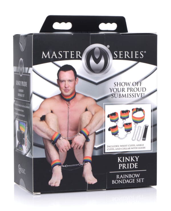 Master Series Kinky Pride Rainbow Bondage Set - Wrist & Ankle Cuffs & Collar w/Leash - Image 2