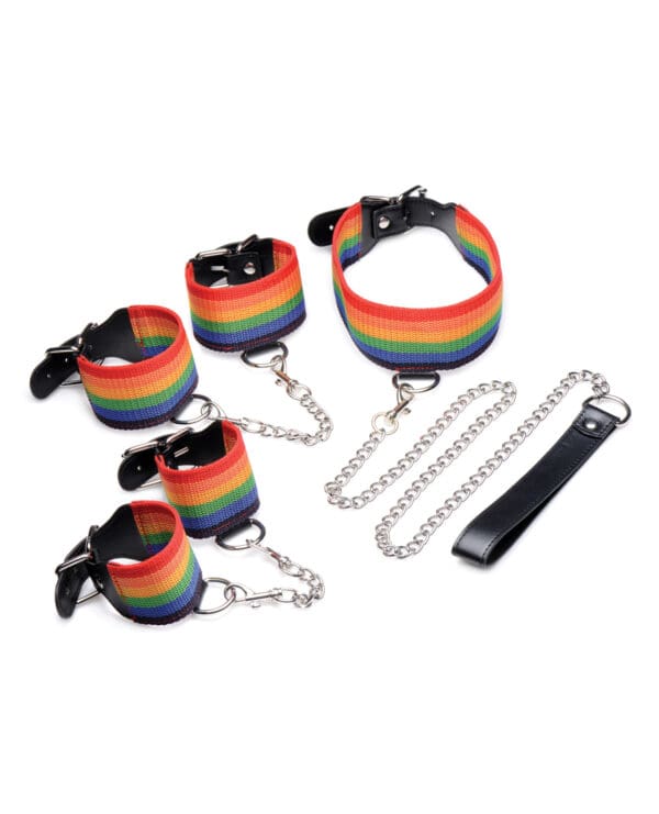 Master Series Kinky Pride Rainbow Bondage Set - Wrist & Ankle Cuffs & Collar w/Leash - Image 4