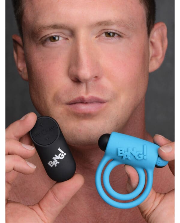 Bang! Vibrating Cock Ring & Bullet w/Remote Control - Blue - Image 5