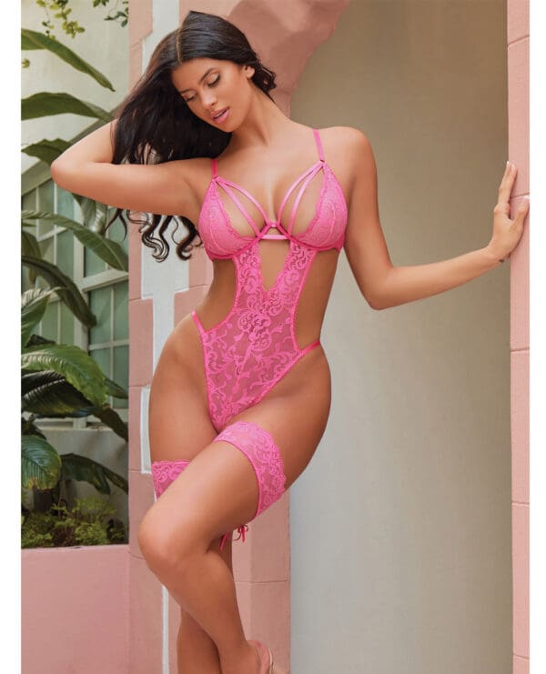 Genesis Lace Underwire Teddy w/Lace Garter Stays - Raspberry S/M - Image 4