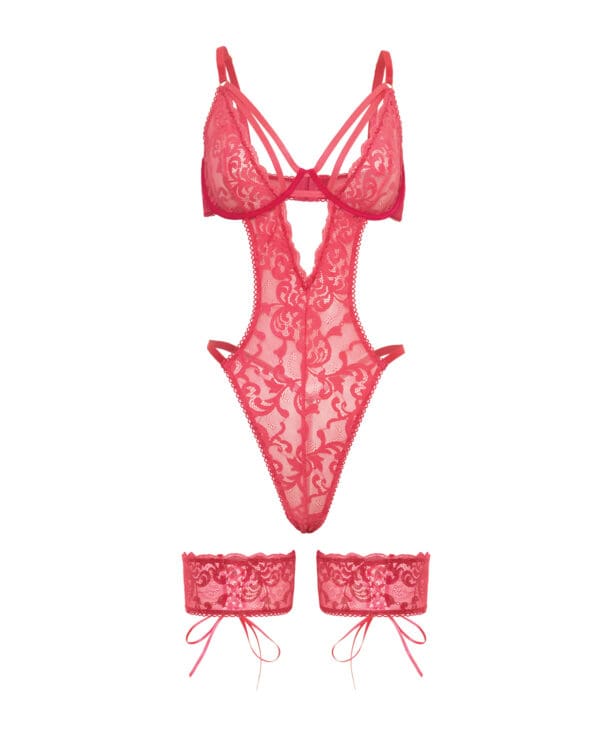 Genesis Lace Underwire Teddy w/Lace Garter Stays - Raspberry S/M - Image 5