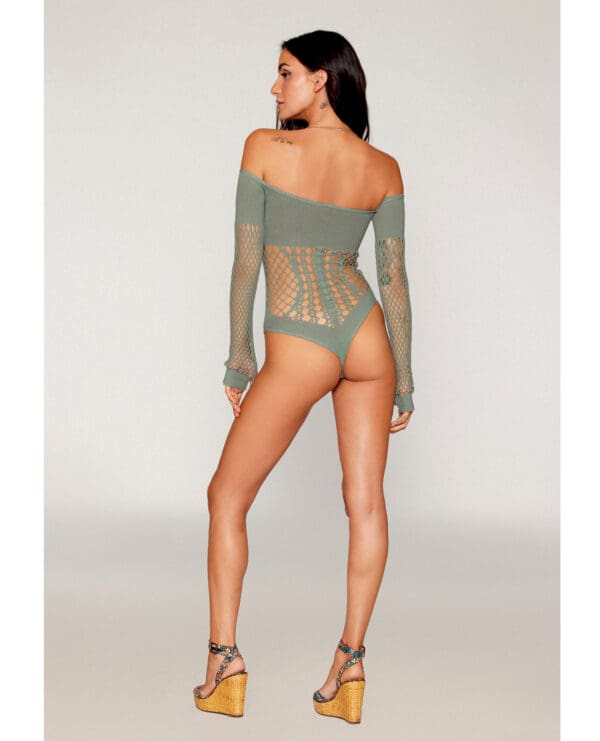 Long Sleeve Opaque and Fishnet Seamless Teddy w/Removable Halter Chain - Sage Green O/S - Image 2
