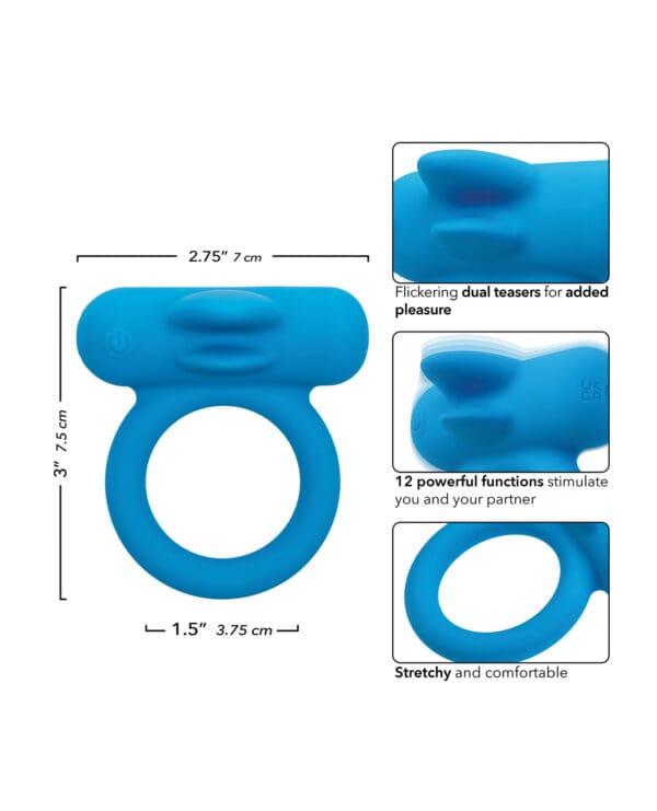 Couple's Enhancer Silicone Rechargeable Double Trouble Enhancer w/Flickering Dual Teasers - Blue - Image 5