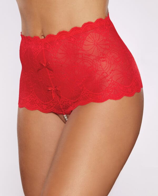 Allure Passion & Pearl High Waist Crotchless w/Pearls - Red O/S