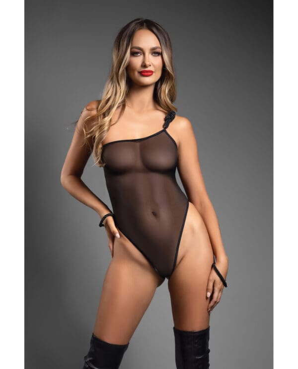 Domina One-Shoulder Sheer Mesh Teddy w/Rope Cuffs - Black L/XL - Image 2