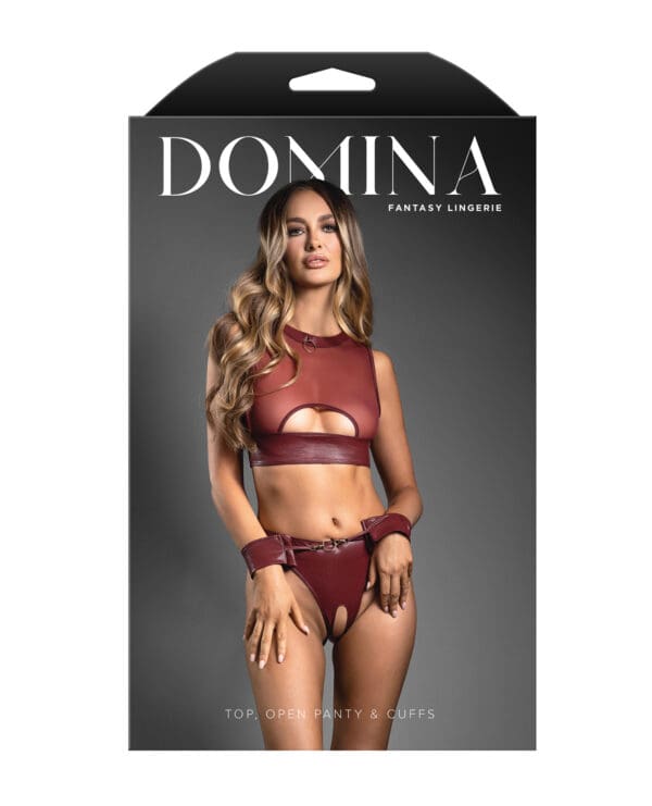 Domina Sheer Mesh & Vegan Leather 3 pc Set w/Crotchless Panty & Handcuffs - Burgundy S/M - Image 3