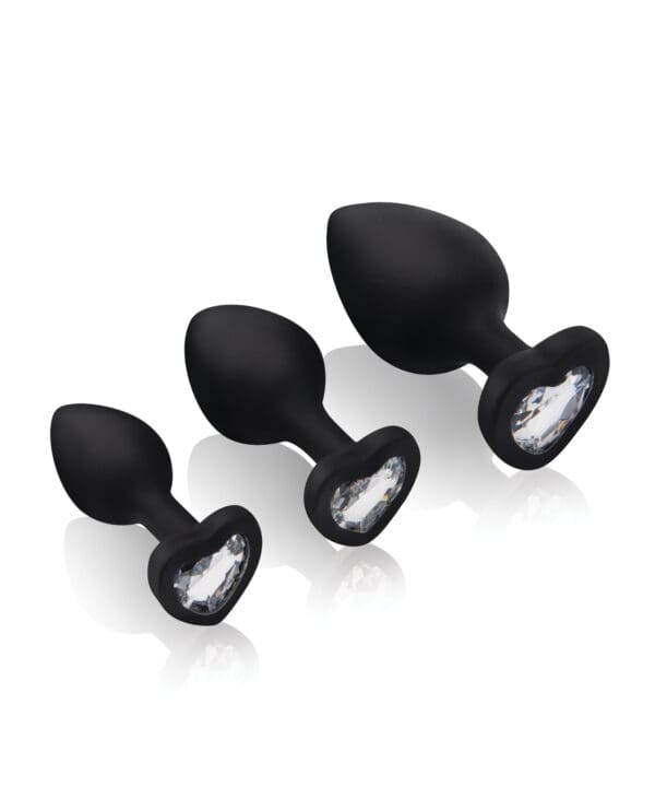Gemsations 3 pc 2.75" & 3.15" & 3.7" Silicone Bling Bling Heart Butt Plug Training Set - Black - Image 2