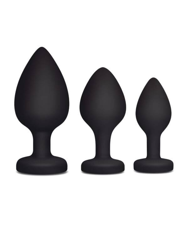Gemsations 3 pc 2.75" & 3.15" & 3.7" Silicone Bling Bling Heart Butt Plug Training Set - Black - Image 3