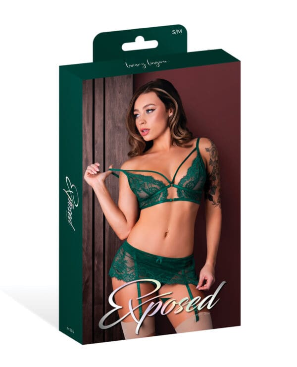 Evermore Bralette w/Skirt Garter & Thong 3 pc Set - Emerald S/M - Image 4