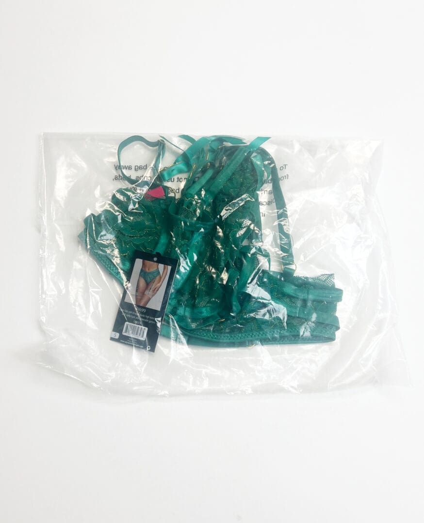 Strappy Lace High Waist Panty w/Garters - Green LG - Image 3