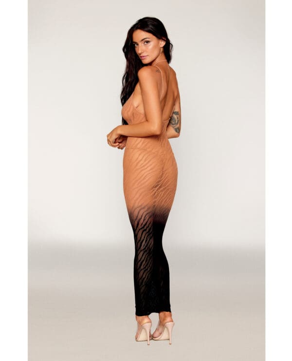 Two-Tone Ombre Seamless Zebra Knit Bodystocking Gown - Copper/Black O/S - Image 2