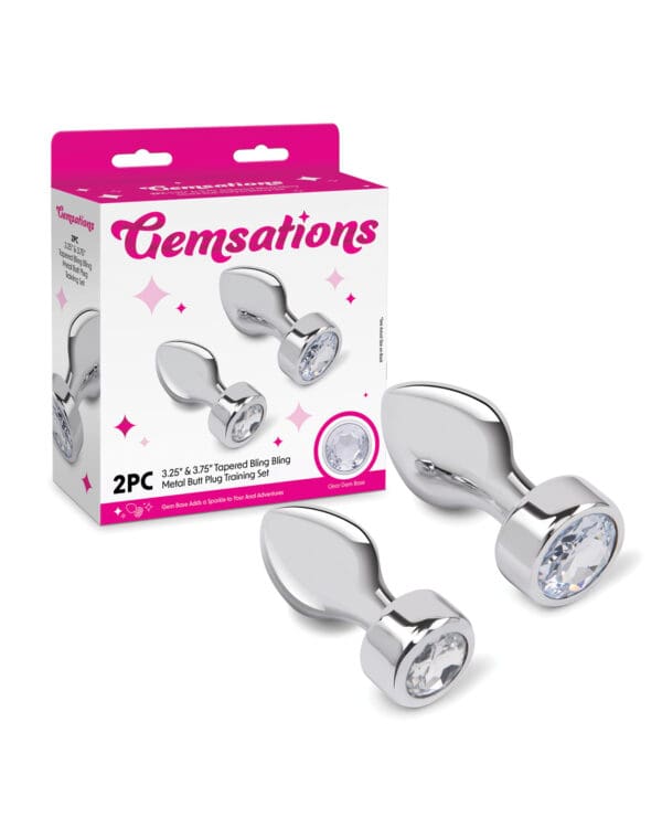 Gemsations 2 pc 3.25" & 3.7" Tapered Bling Bling Metal Butt Plug Training Set - Silver - Image 5