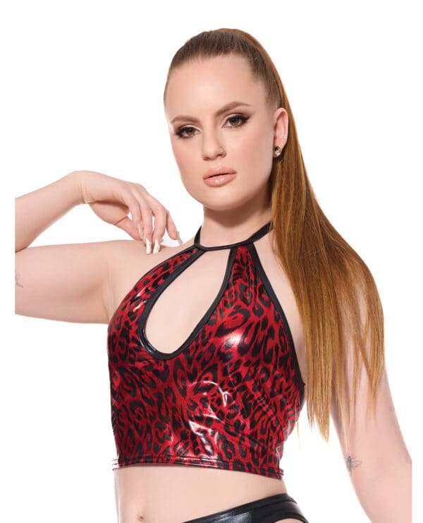 Darque Metallic Wet Look Keyhole Halter Top - Red/Black MD - Image 2