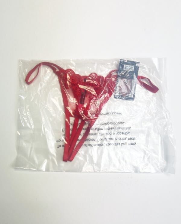 Embroidered Lace Open Crotch Thong w/Gold Accents - Red 1X/2X - Image 3
