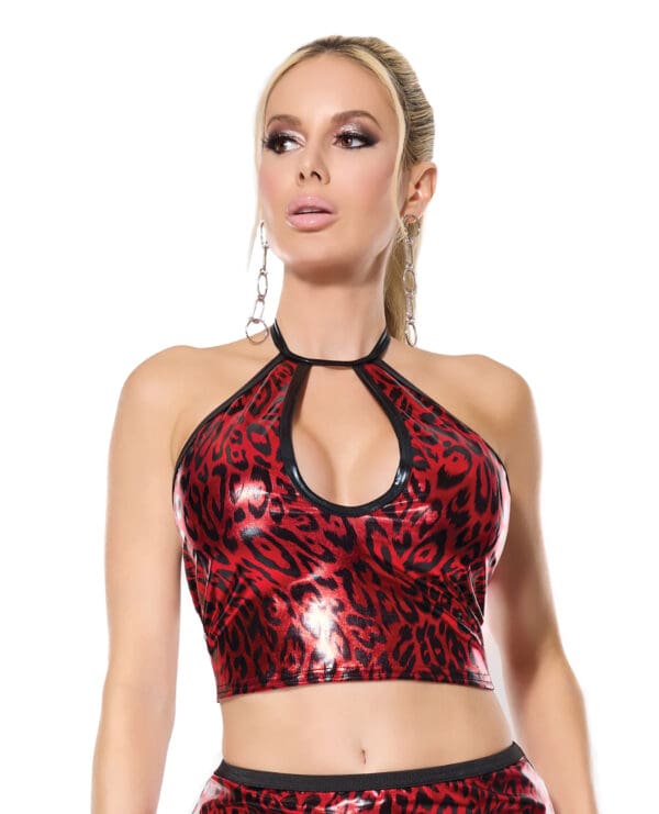 Darque Metallic Wet Look Keyhole Halter Top - Red/Black MD - Image 4