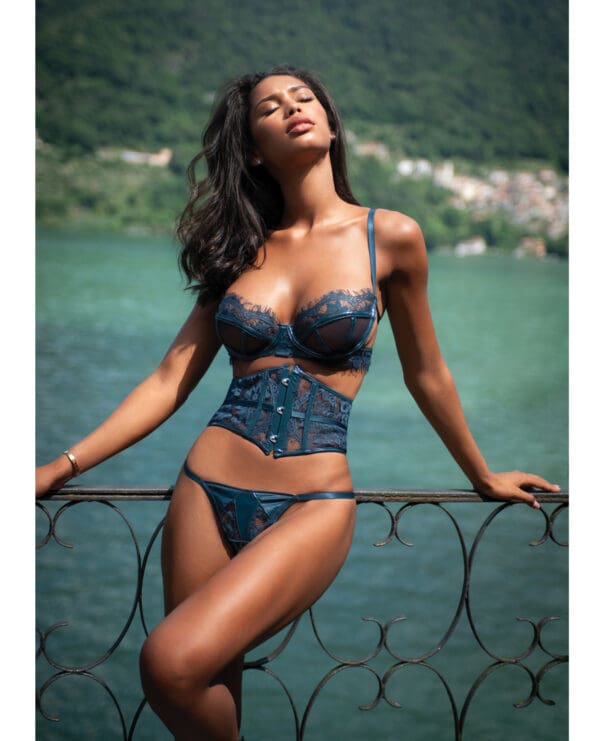 Eden Scalloped Eyelash Lace & Wet Look Waspie 3 pc Set - Teal MD - Image 3