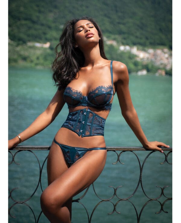 Eden Scalloped Eyelash Lace & Wet Look Waspie 3 pc Set - Teal MD - Image 4