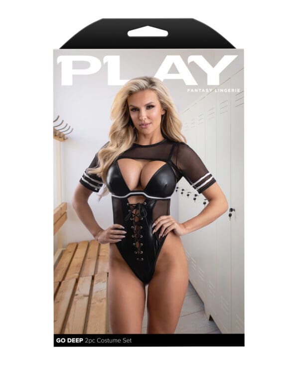 Play Go Deep Lace-up Bodysuit w/Mesh Jersey Shrug - Black S/M - Image 4