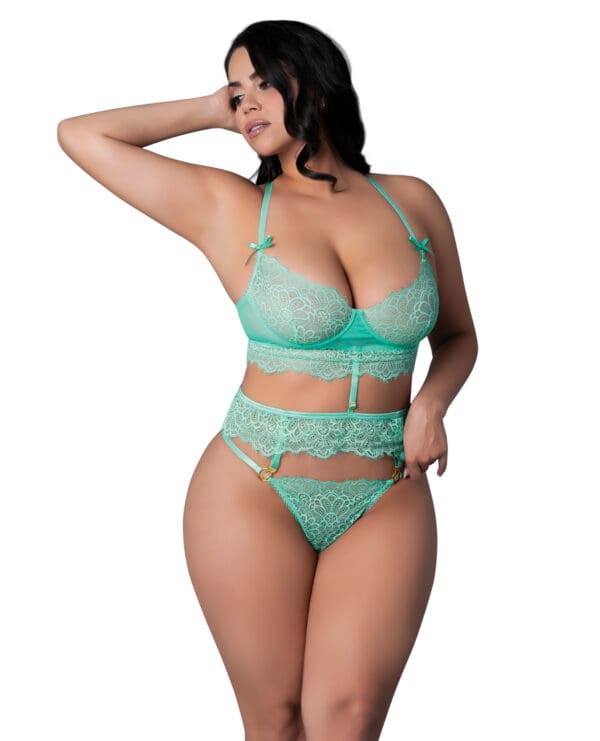 Caribbean Crush Demi Long Line Bra w/Thong & Removable Waist Flounce - Aqua QN - Image 3