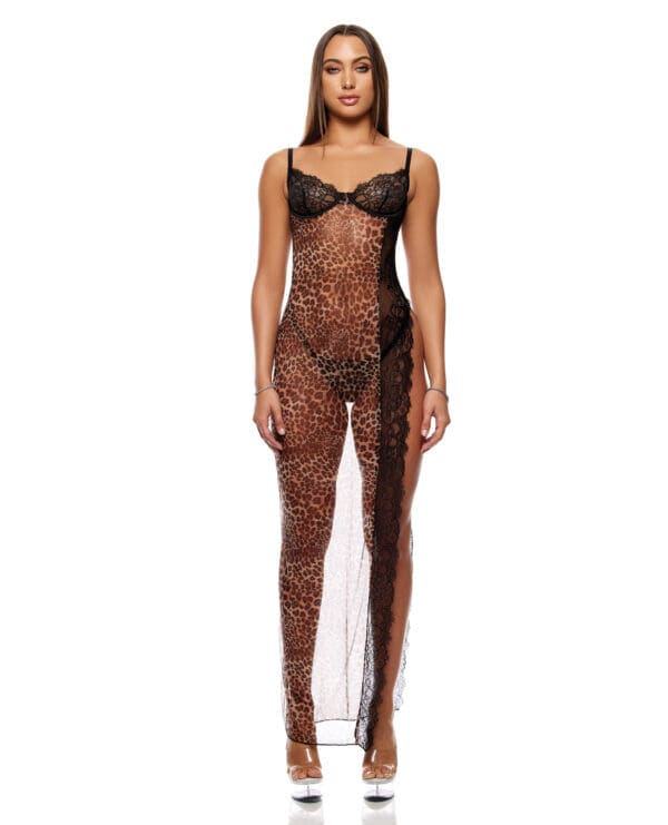 Animal Instincts Sheer Mesh and Lace Gown w/Thong 2 pc Set - Animal MD