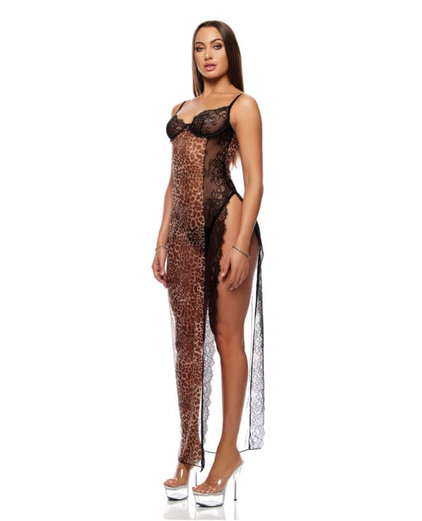 Animal Instincts Sheer Mesh and Lace Gown w/Thong 2 pc Set - Animal MD - Image 2