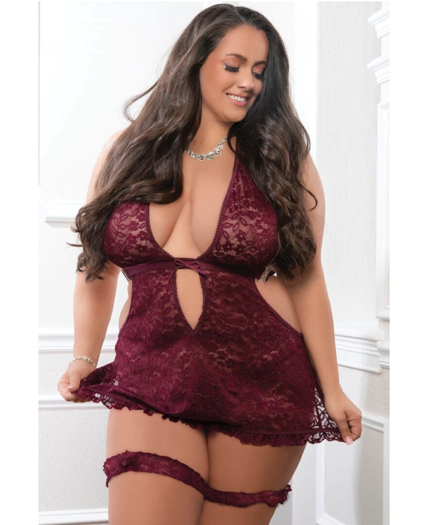Apron Style Halter Mini Dress w/Thong & Lace Garters - Burgundy QN