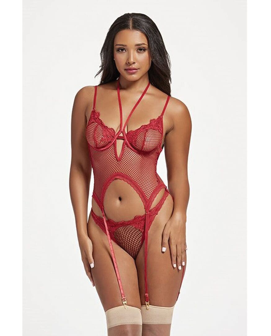 Stretch Mesh and Lace Cami w/Thong 2 pc Set - Red O/S