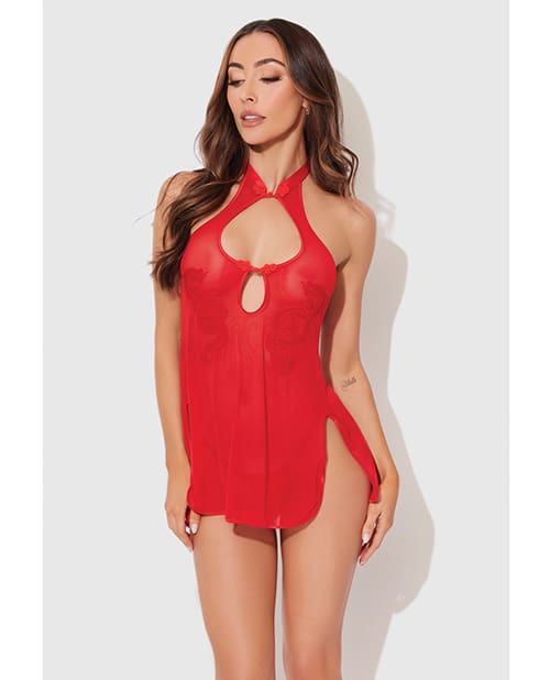 Dragon Mesh & Applique Chemise w/G-String 2 pc Set - Red XL