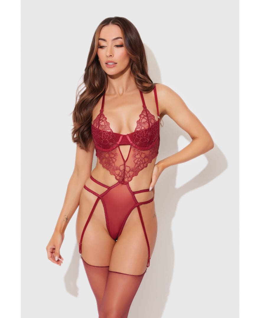 Eden Embroidered Lace & Mesh Teddy w/Garters - Dark Red MD